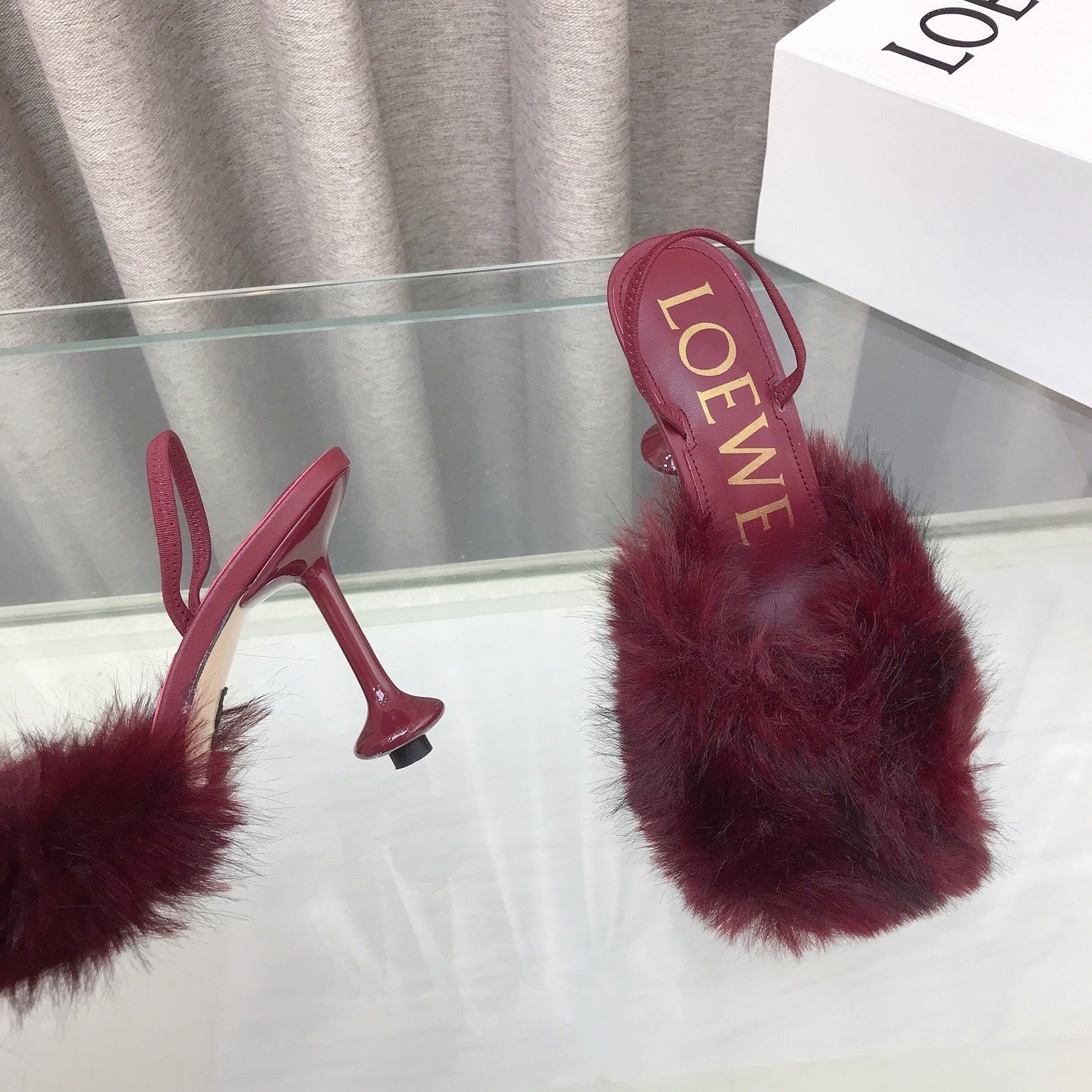 Loewe 25SS Fur-lined Mule 100 Burgundy in Fox Fur 597441