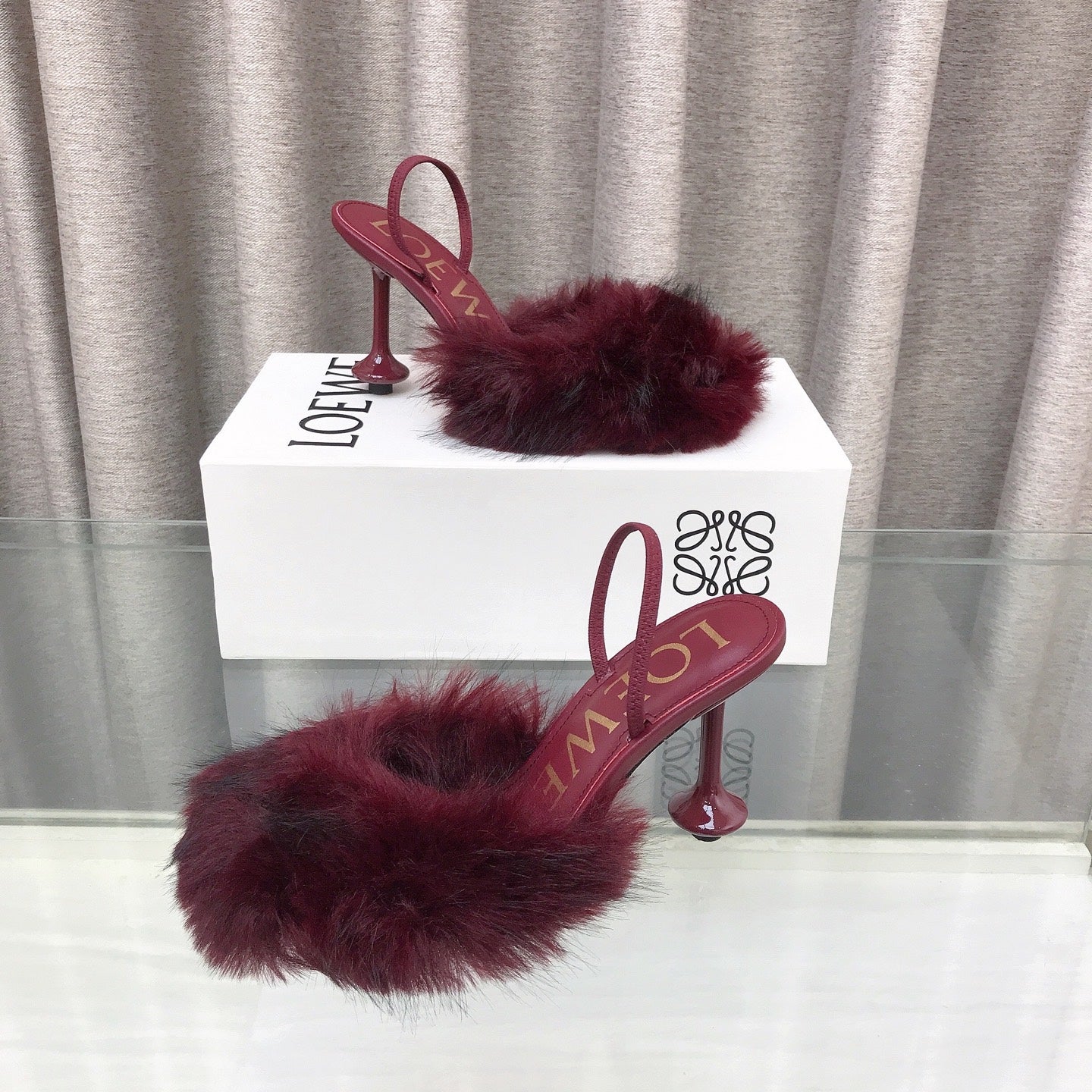 Loewe 25SS Fur-lined Mule 100 Burgundy in Fox Fur 597441