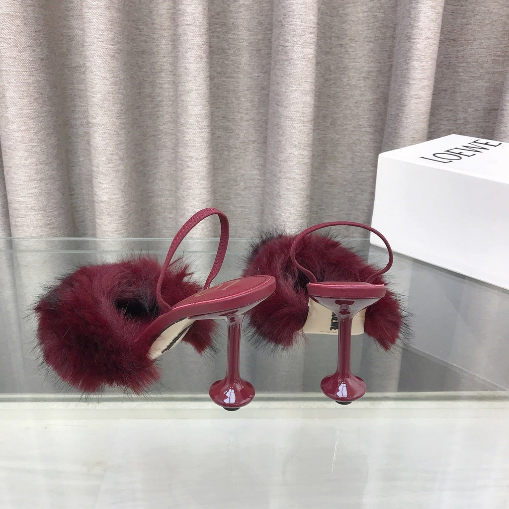 Loewe 25SS Fur-lined Mule 100 Burgundy in Fox Fur 597441