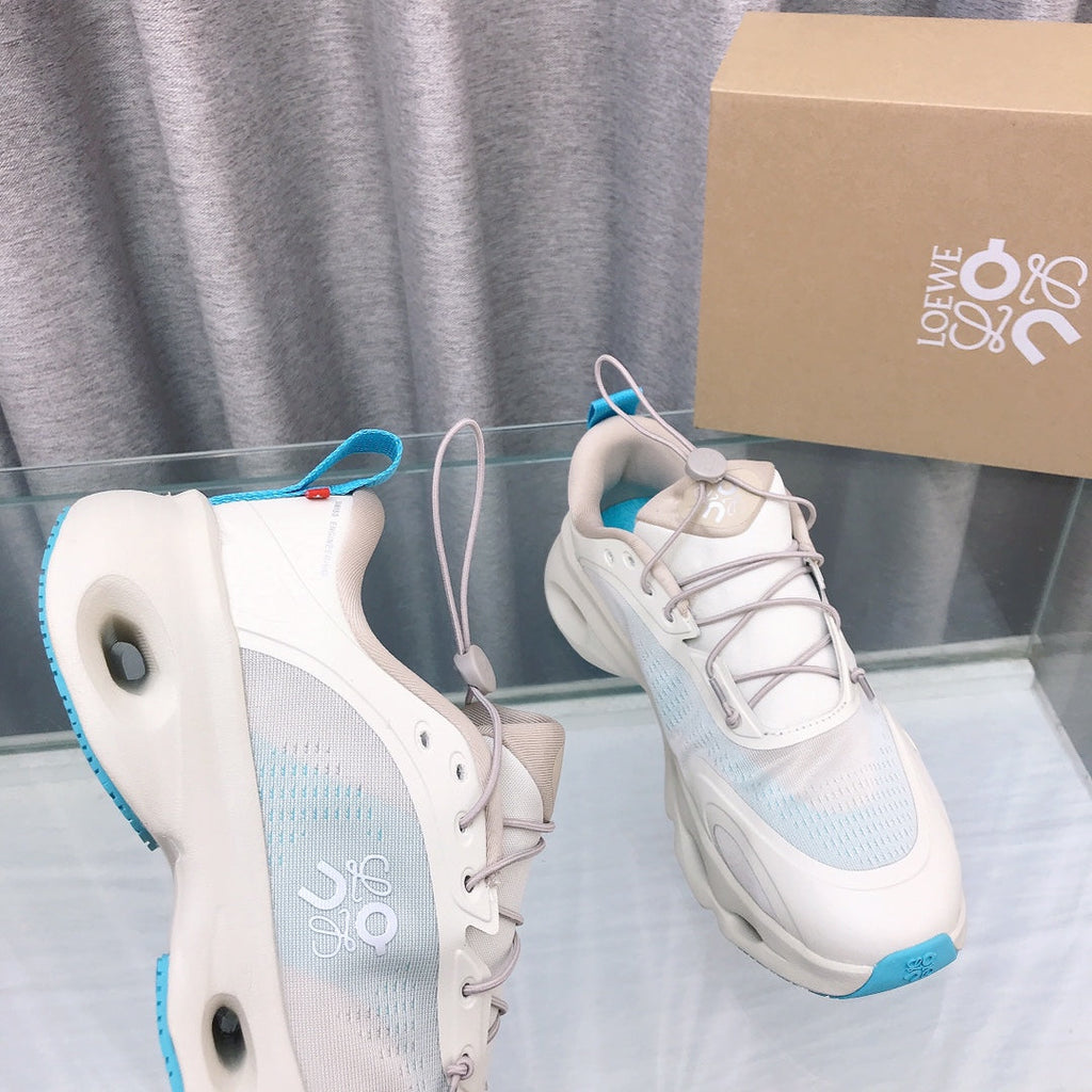 Loewe x on Angpao Couple Running Sneakers White Blue Nylon Calfskin 597426