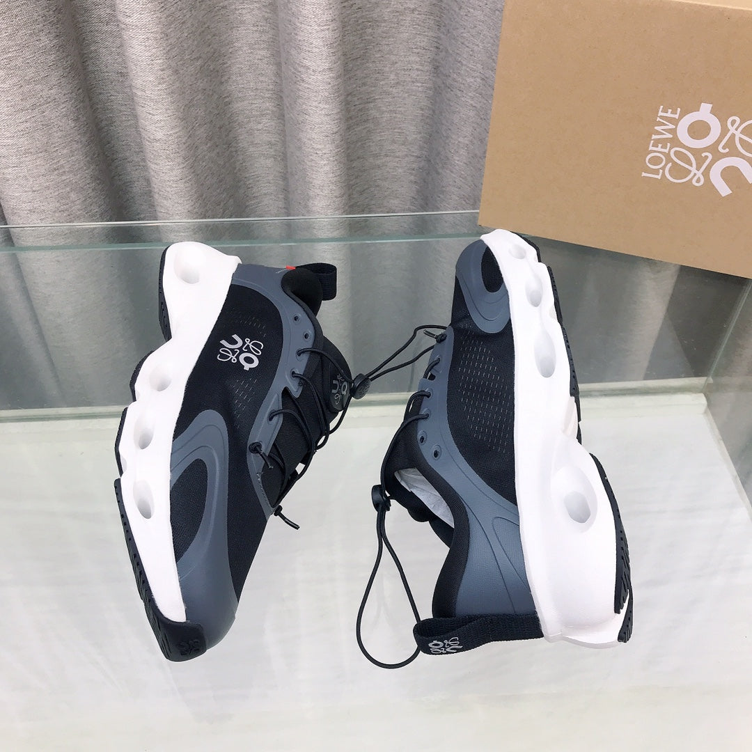 Loewe x on Angpao Couple Running Sneakers Black Gray White Nylon Calfskin 597421
