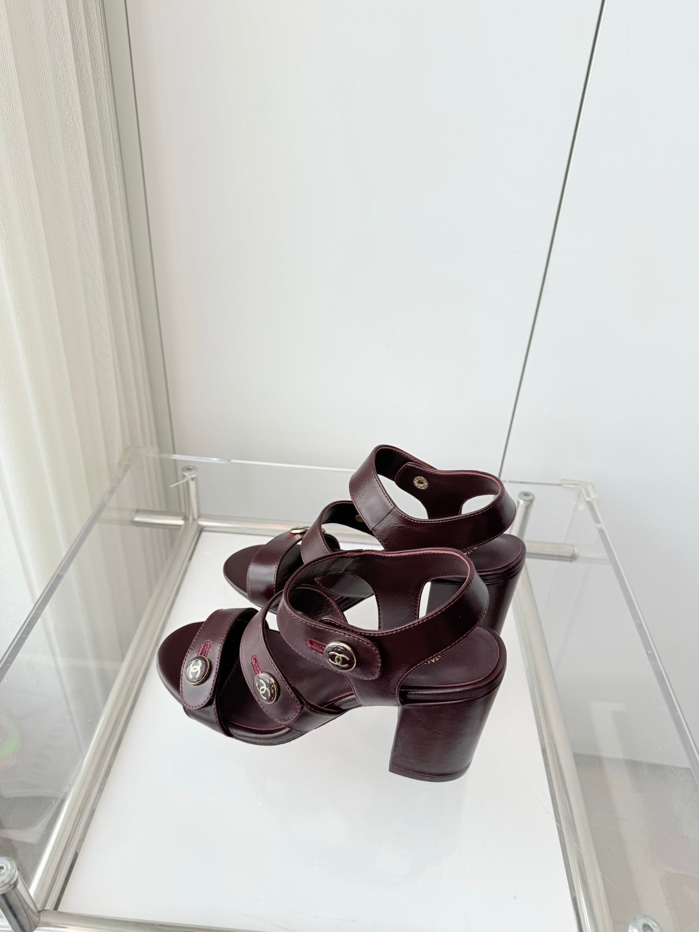 Chanel 26 Turnlock 80 Burgundy Sandal Heels in Lambskin 597404