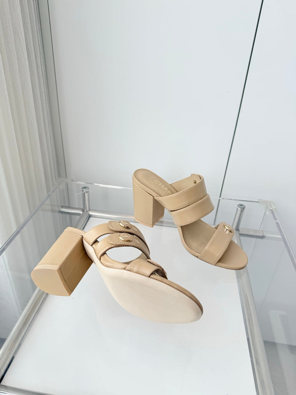Chanel 26 Turnlock 85 Beige Sandal Mule in Lambskin 597394