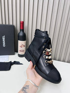 Chanel CC Combat Short Boots With Pearl Black in Calfskin 597894