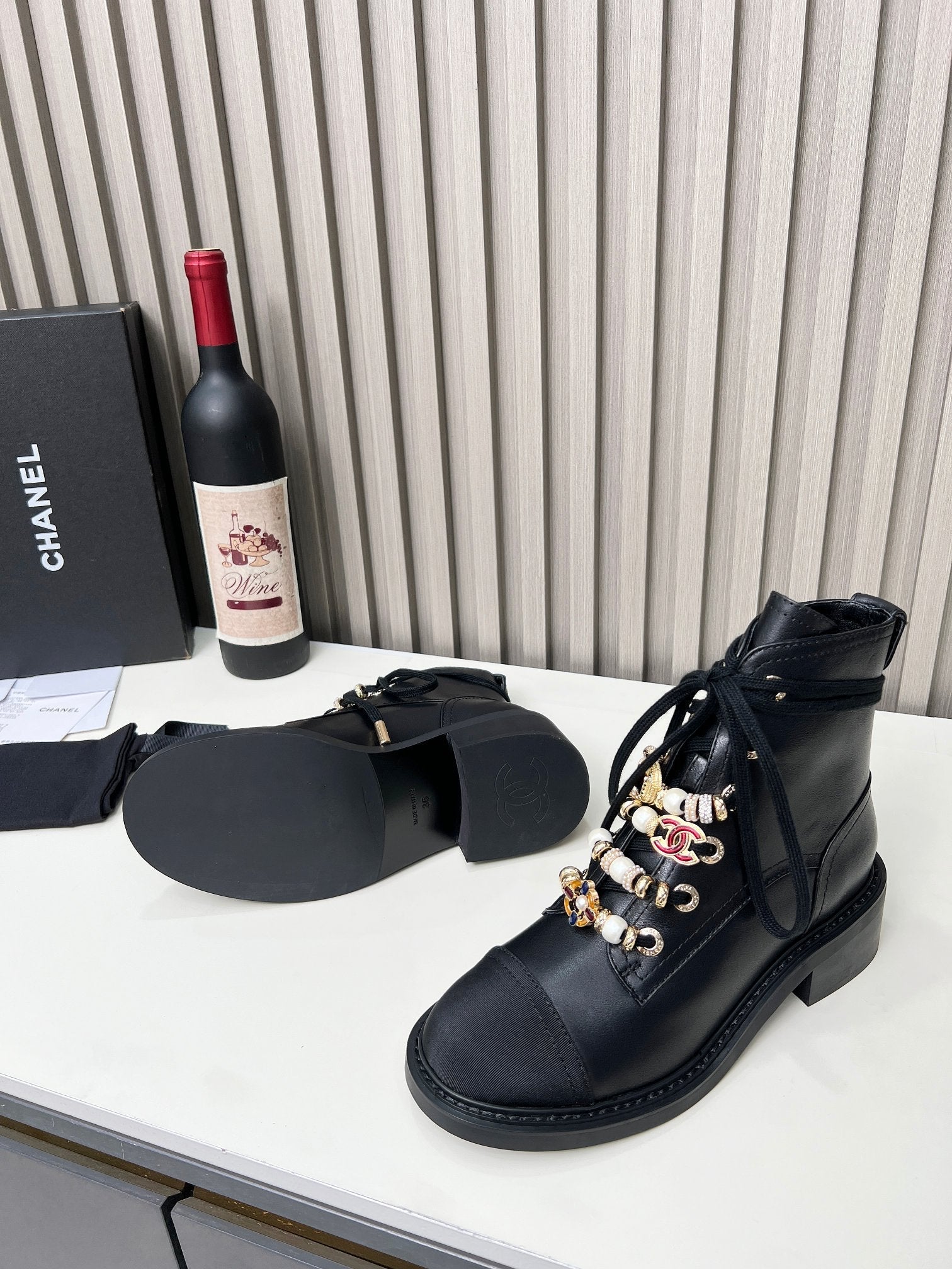 Chanel CC Combat Short Boots With Pearl Black in Calfskin 597894