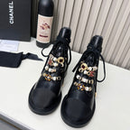 Chanel CC Combat Short Boots With Pearl Black in Calfskin 597894