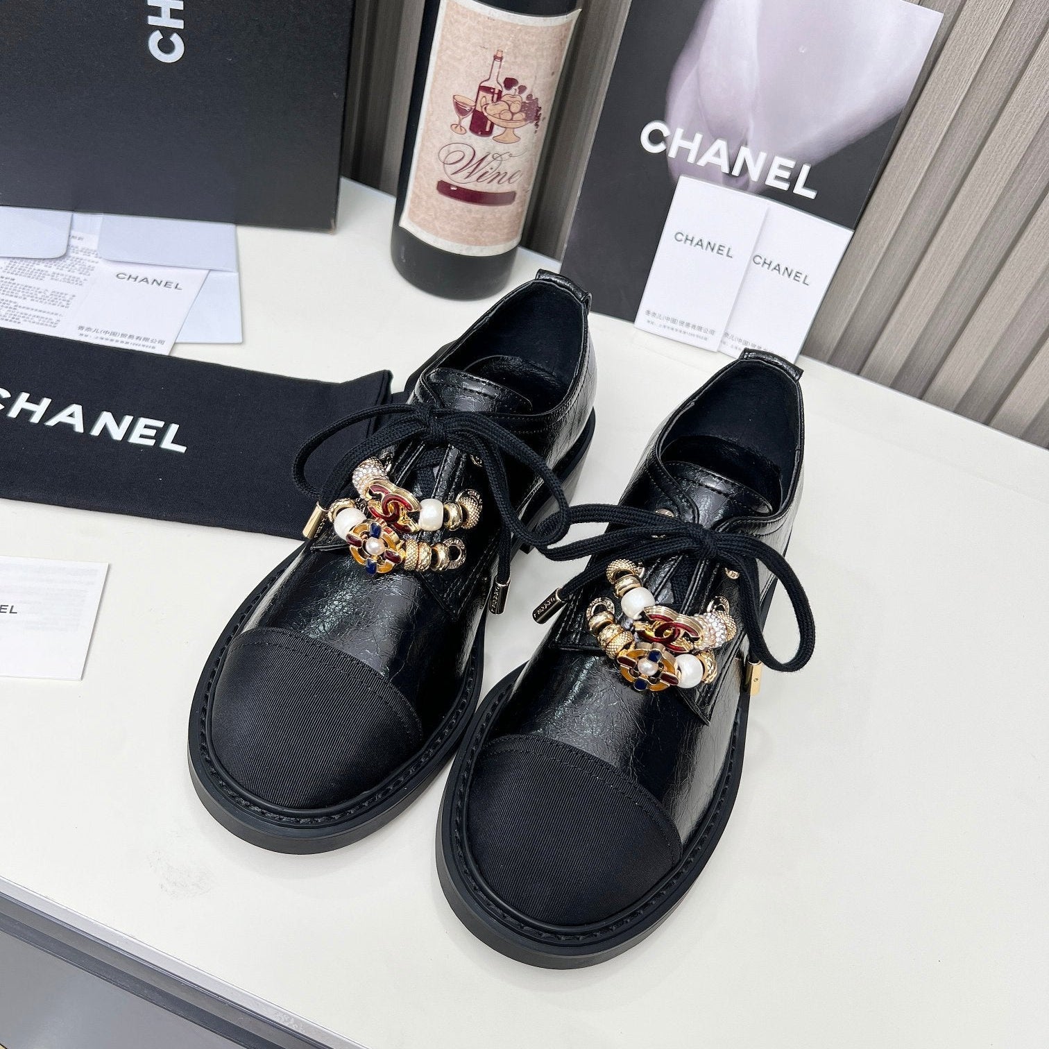 Chanel CC Combat Shoes With Pearl Black in Calfskin 597895