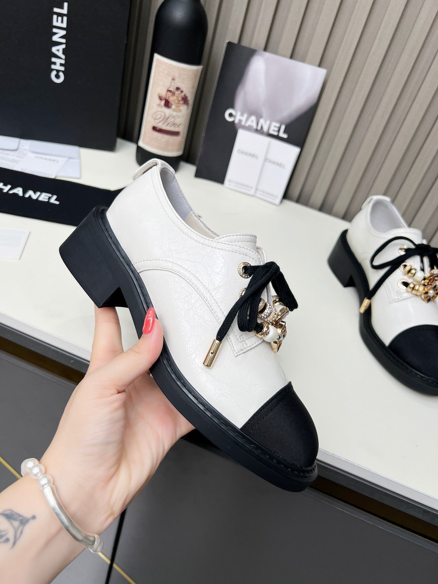 Chanel CC Combat Shoes With Pearl White in Calfskin 597896