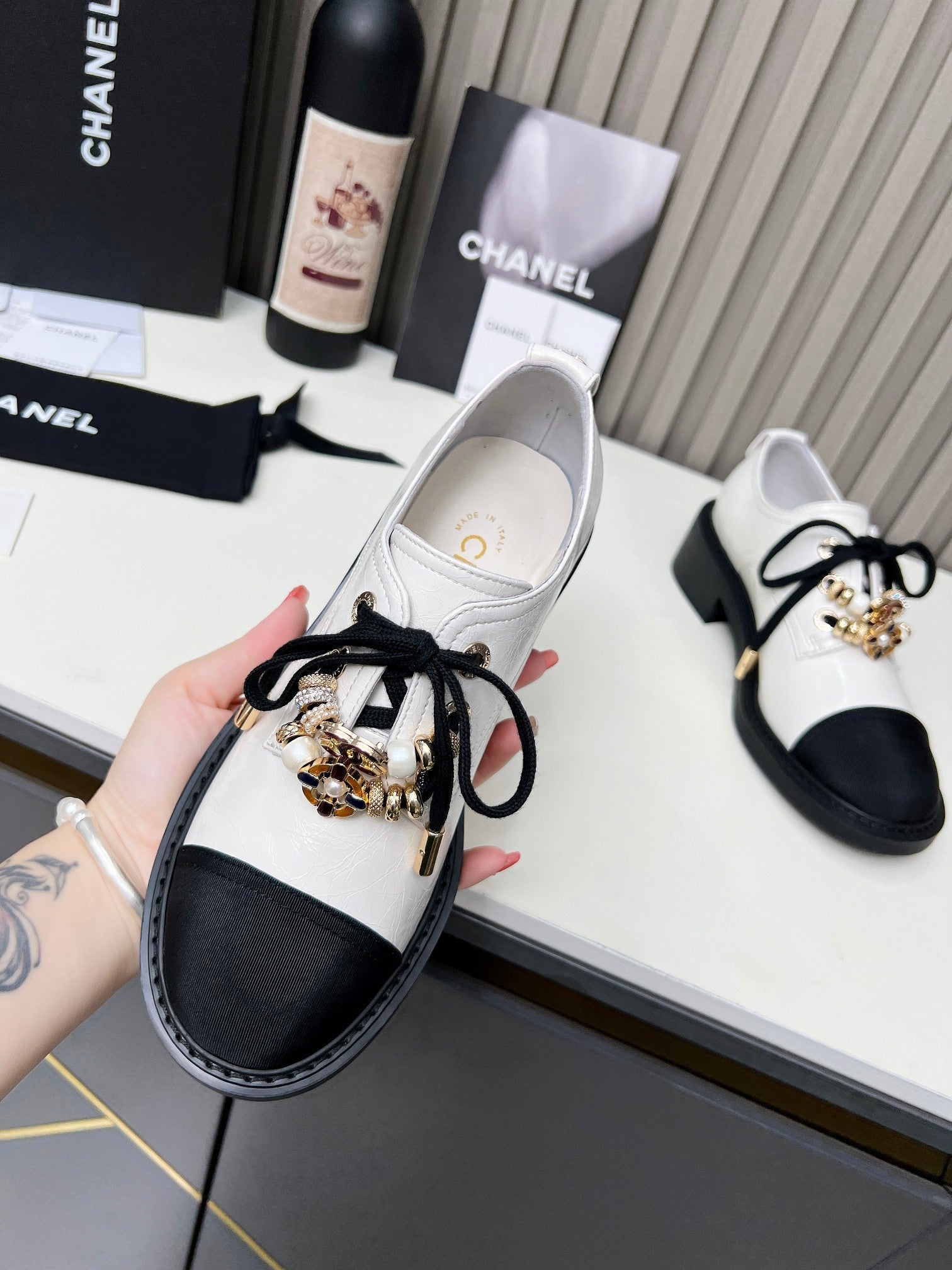 Chanel CC Combat Shoes With Pearl White in Calfskin 597896
