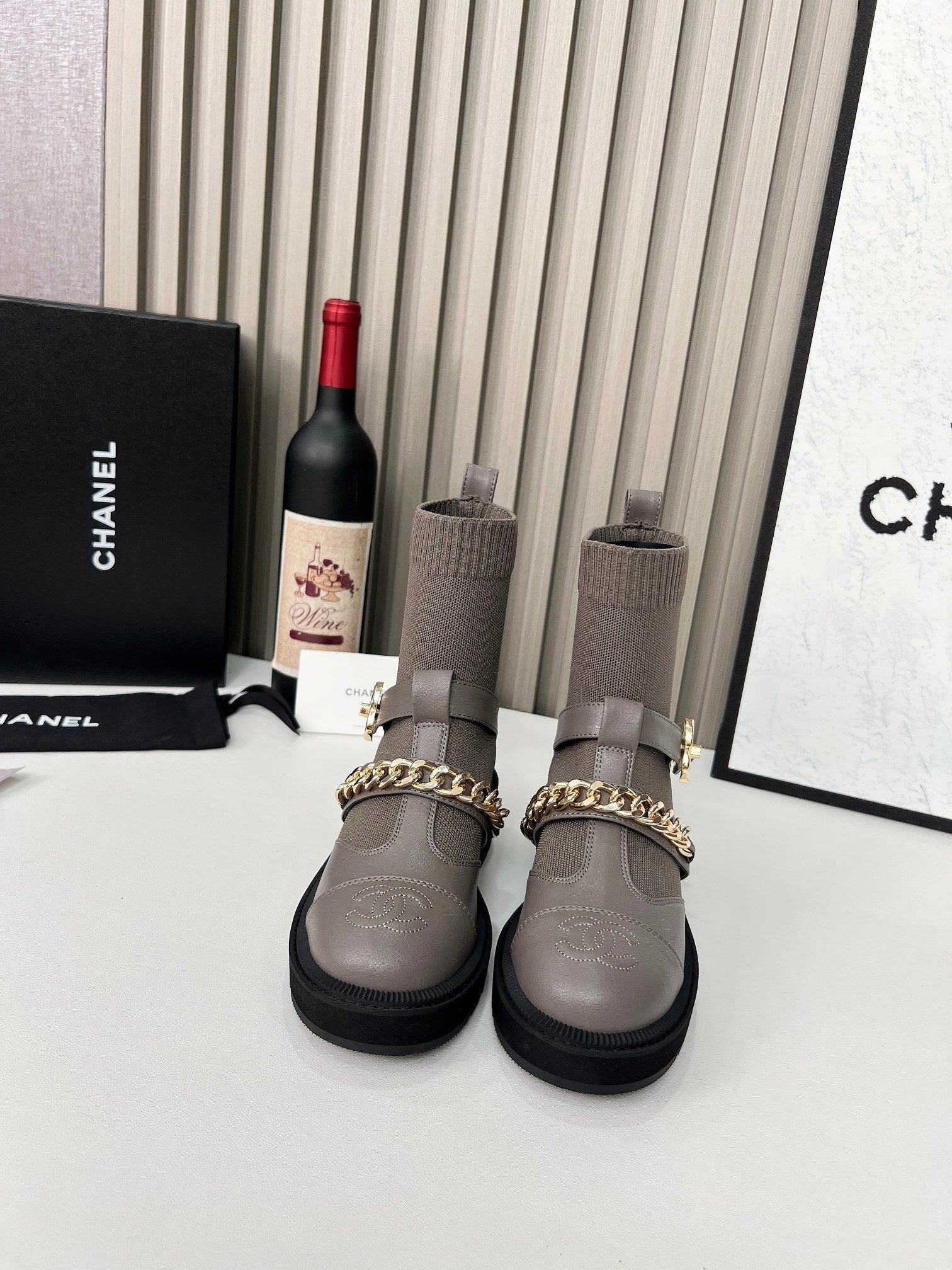 Chanel Chain Sock Ankle Boots Taupe Wool Flyknit 597919