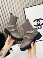 Chanel Chain Sock Ankle Boots Taupe Wool Flyknit 597919