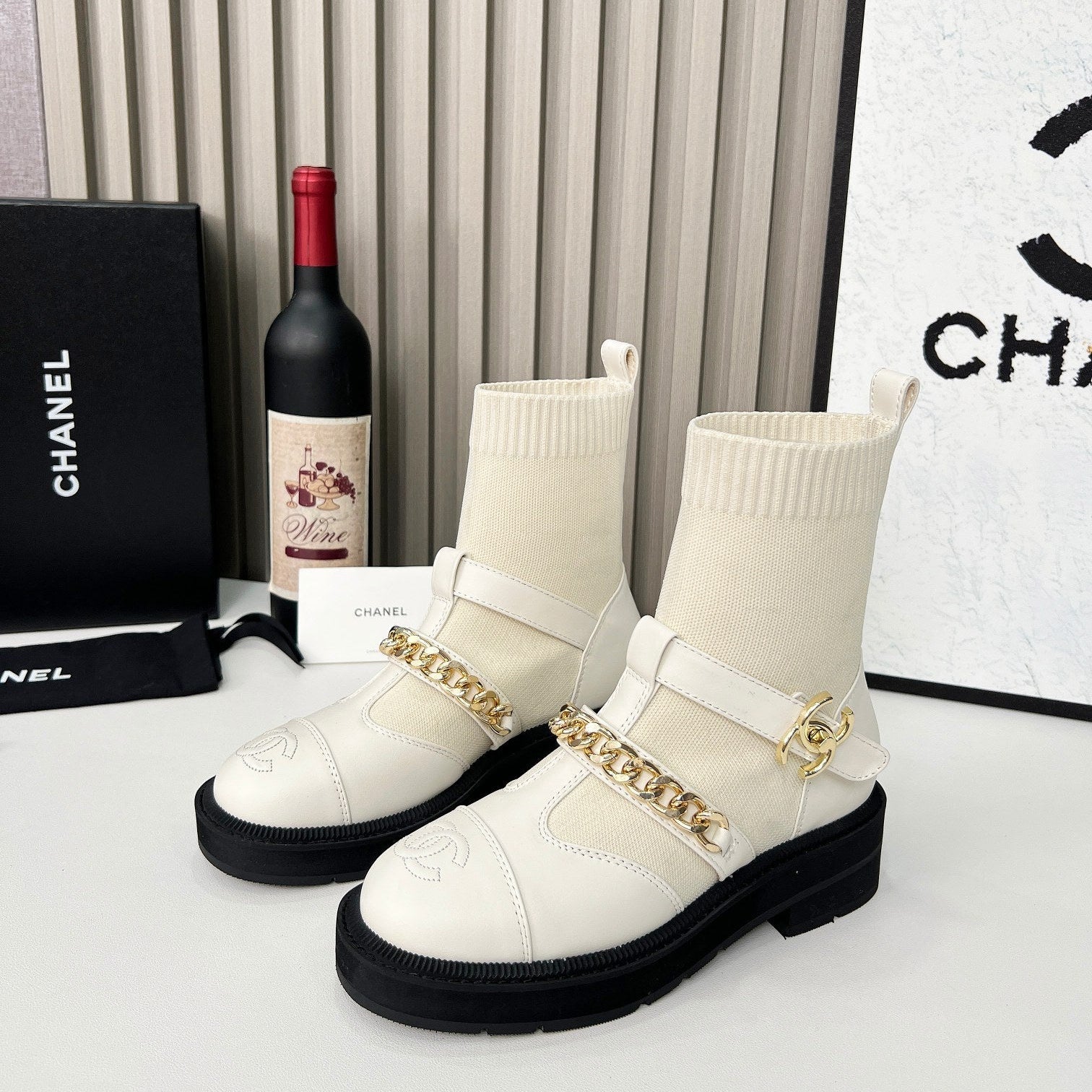 Chanel Chain Sock Ankle Boots White Wool Flyknit 597918