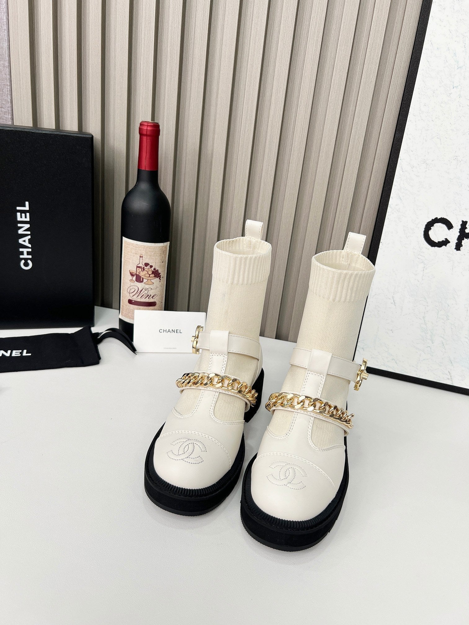 Chanel Chain Sock Ankle Boots White Wool Flyknit 597918