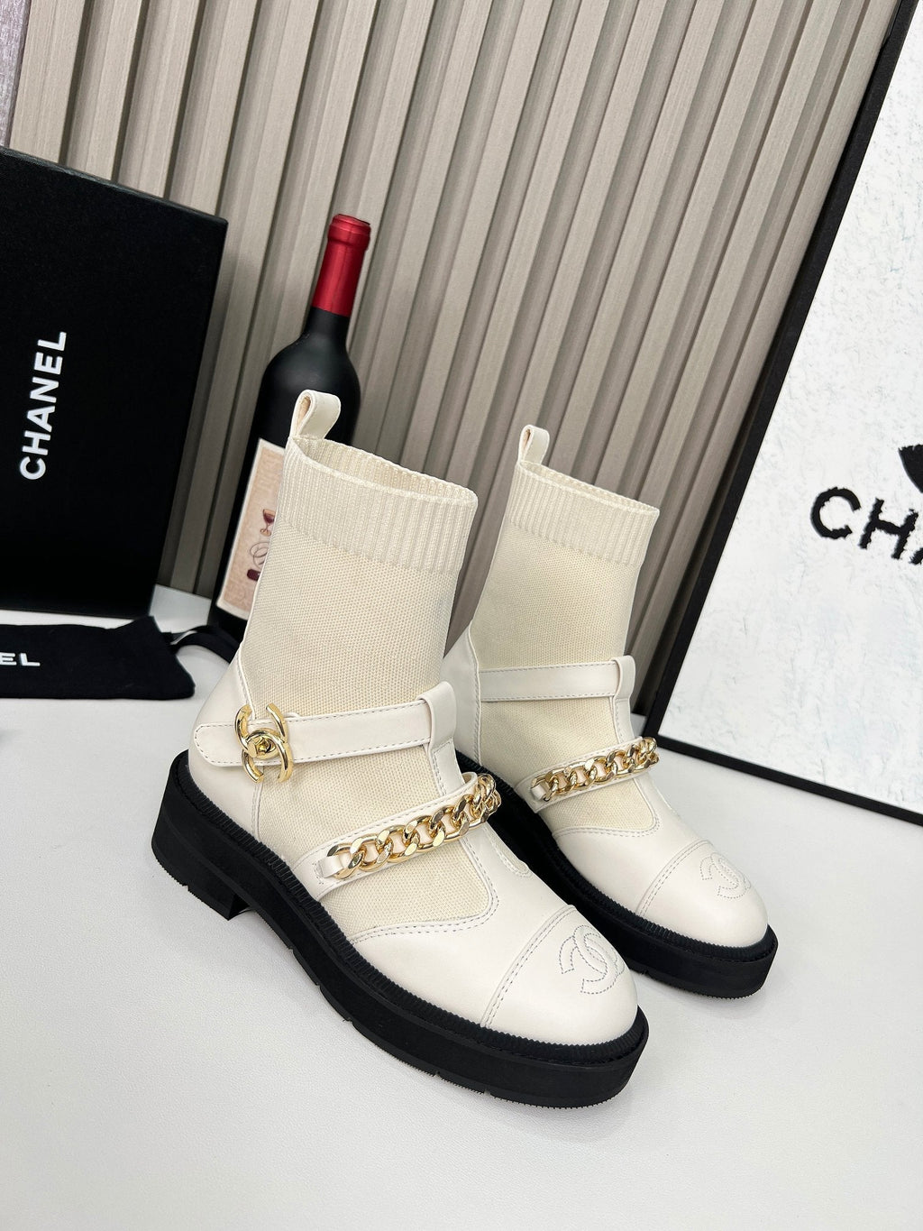Chanel Chain Sock Ankle Boots White Wool Flyknit 597918