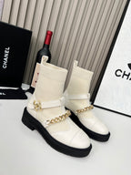 Chanel Chain Sock Ankle Boots White Wool Flyknit 597918