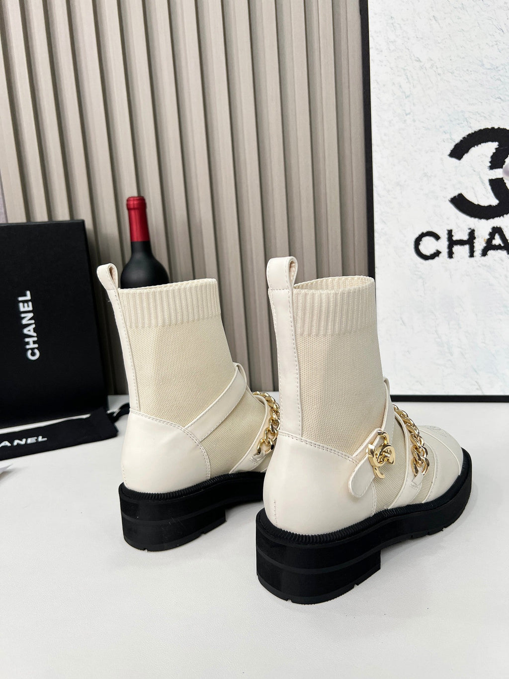 Chanel Chain Sock Ankle Boots White Wool Flyknit 597918