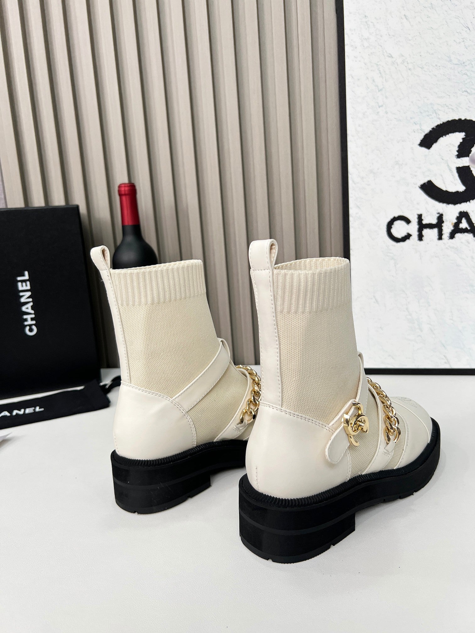 Chanel Chain Sock Ankle Boots White Wool Flyknit 597918