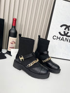 Chanel Chain Sock Ankle Boots Black Wool Flyknit 597917