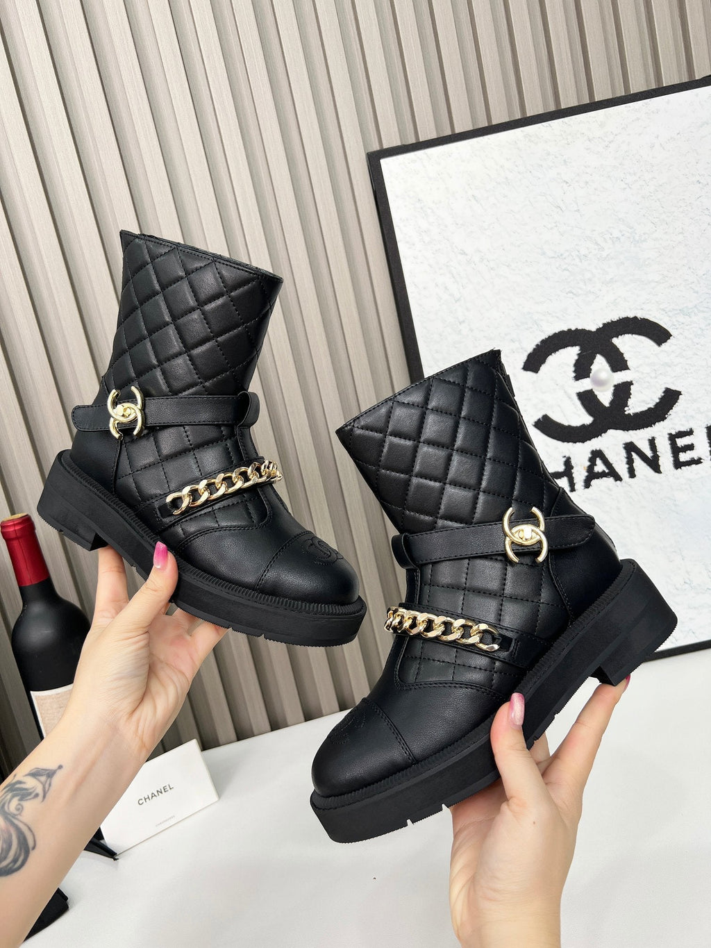 Chanel Chain Sock Ankle Boots Black Calfskin 597914