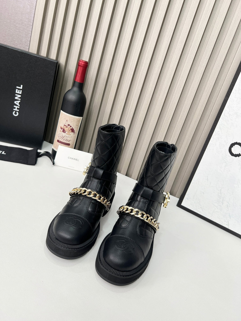Chanel Chain Sock Ankle Boots Black Calfskin 597914