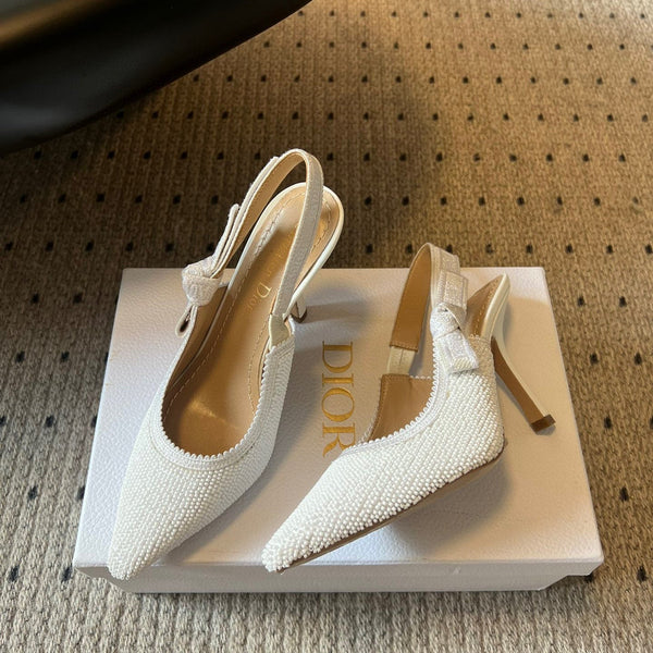 CD J'Adior Slingback heels 95 White in Cotton with Metallic Thread Embroidery 598135