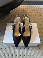 CD J'Adior Slingback heels 95 Black in Cotton with Metallic Thread Embroidery 598134