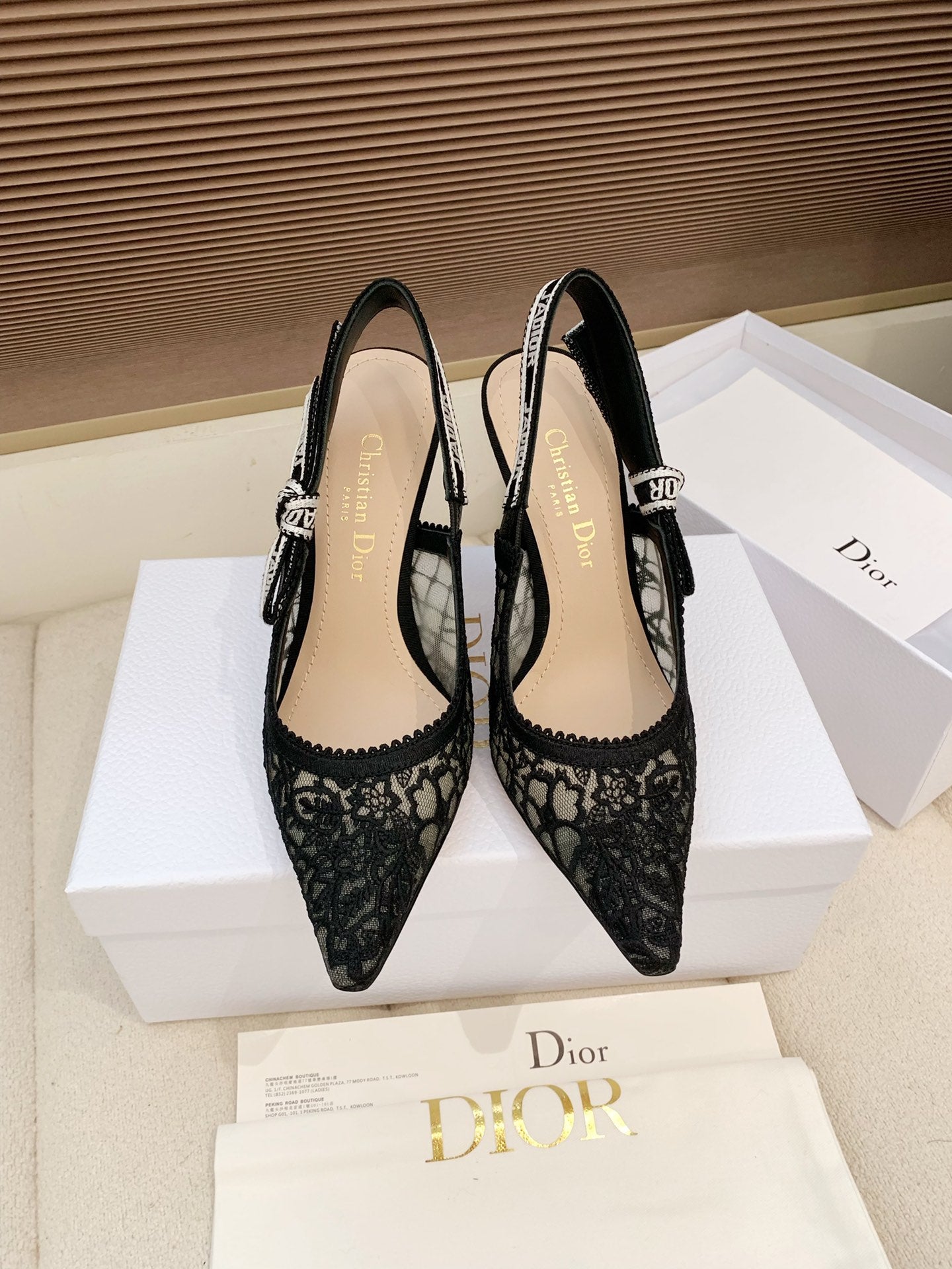 CD Ribbon Lace Open-toe Black Sandals 95 in Sheepskin 598116