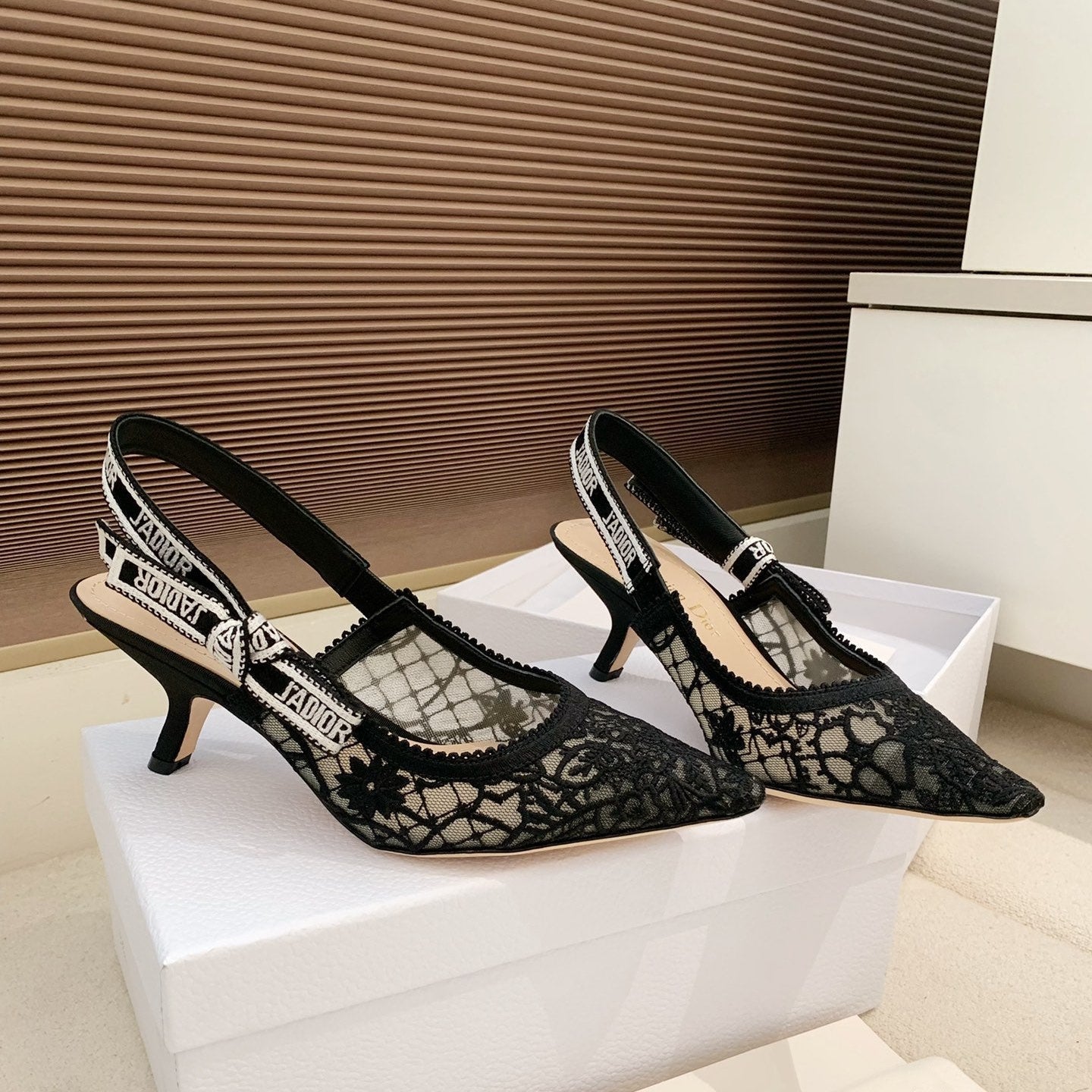 CD Ribbon Lace Open-toe Black Sandals 65 in Sheepskin 598115