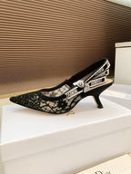 CD Ribbon Lace Open-toe Black Sandals 65 in Sheepskin 598115