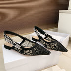 CD Ribbon Lace Open-toe Black Sandals in Sheepskin 598114