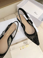 CD Ribbon Lace Open-toe Black Sandals in Sheepskin 598114
