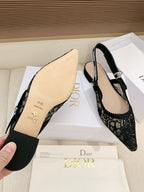 CD Ribbon Lace Open-toe Black Sandals in Sheepskin 598114