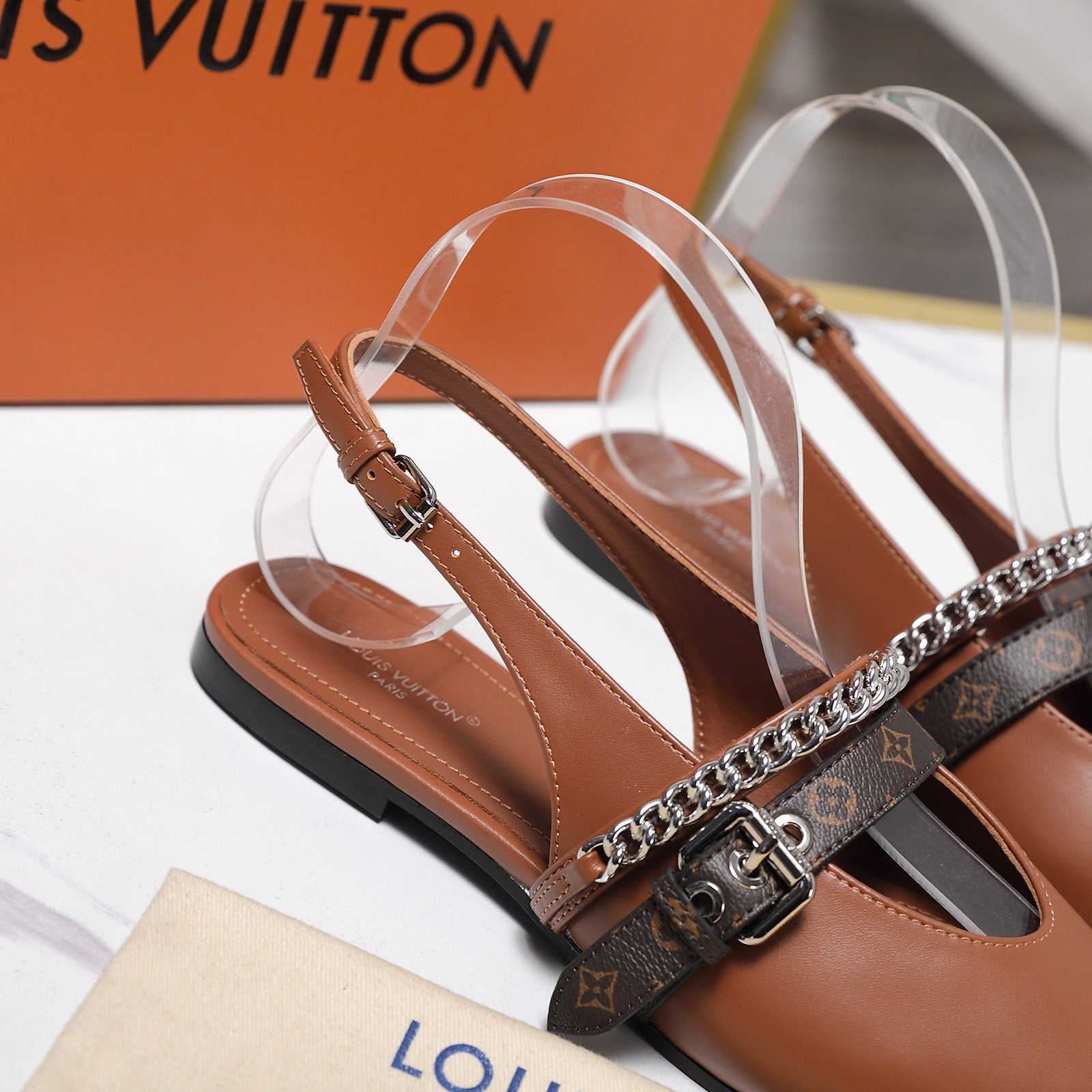 LV Vibe Slingback Flat Brown Glossy Naplak Leather 600665