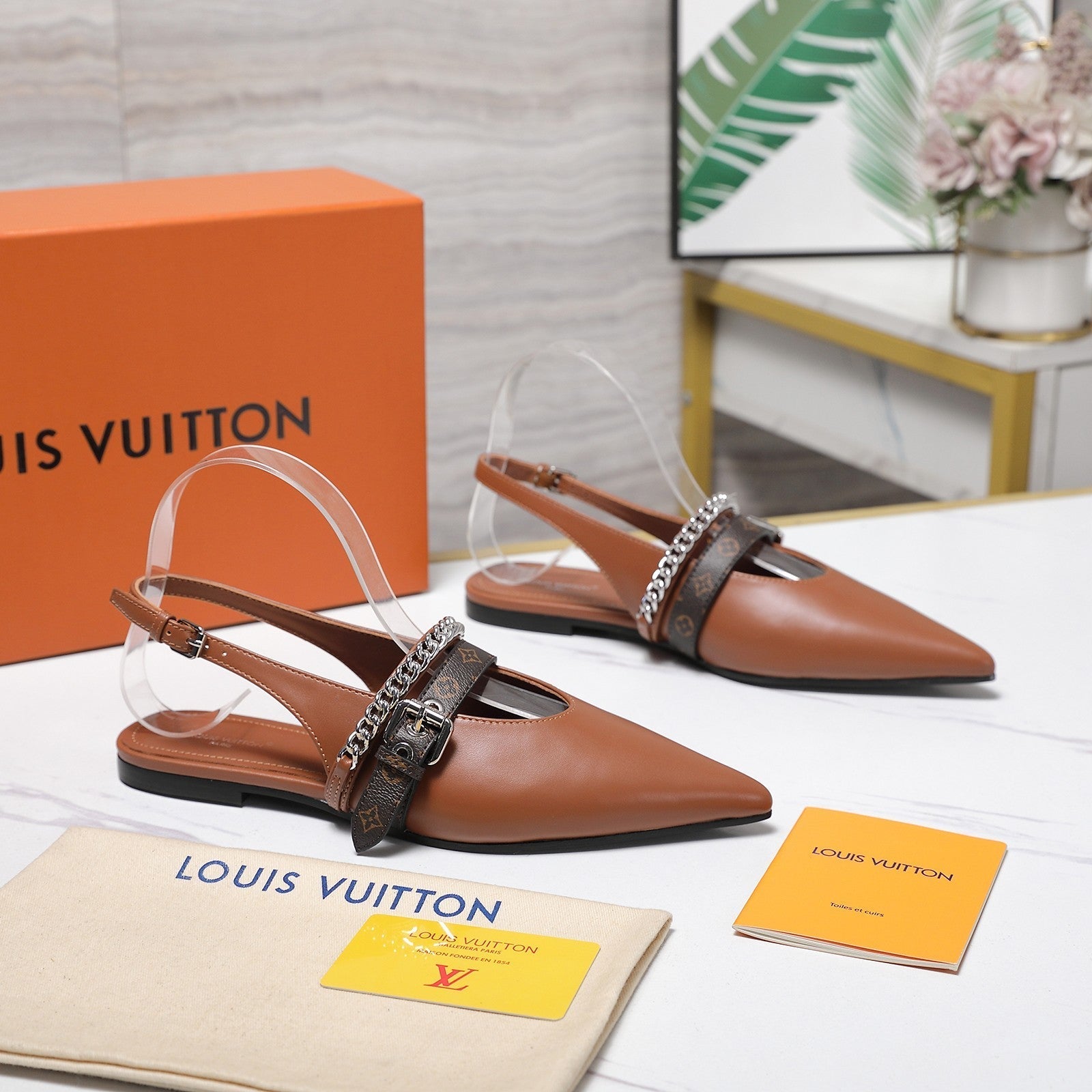 LV Vibe Slingback Flat Brown Glossy Naplak Leather 600665