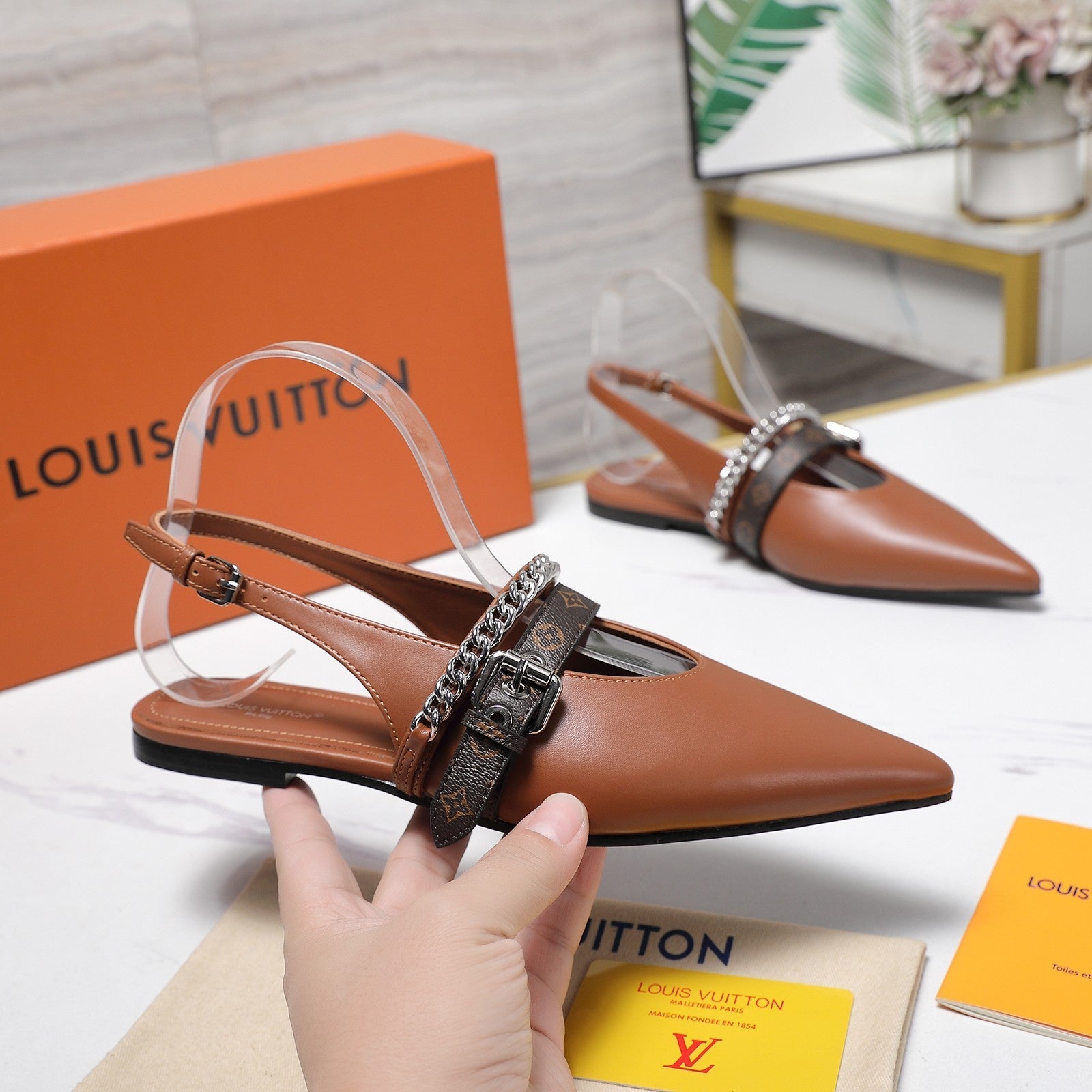 LV Vibe Slingback Flat Brown Glossy Naplak Leather 600665