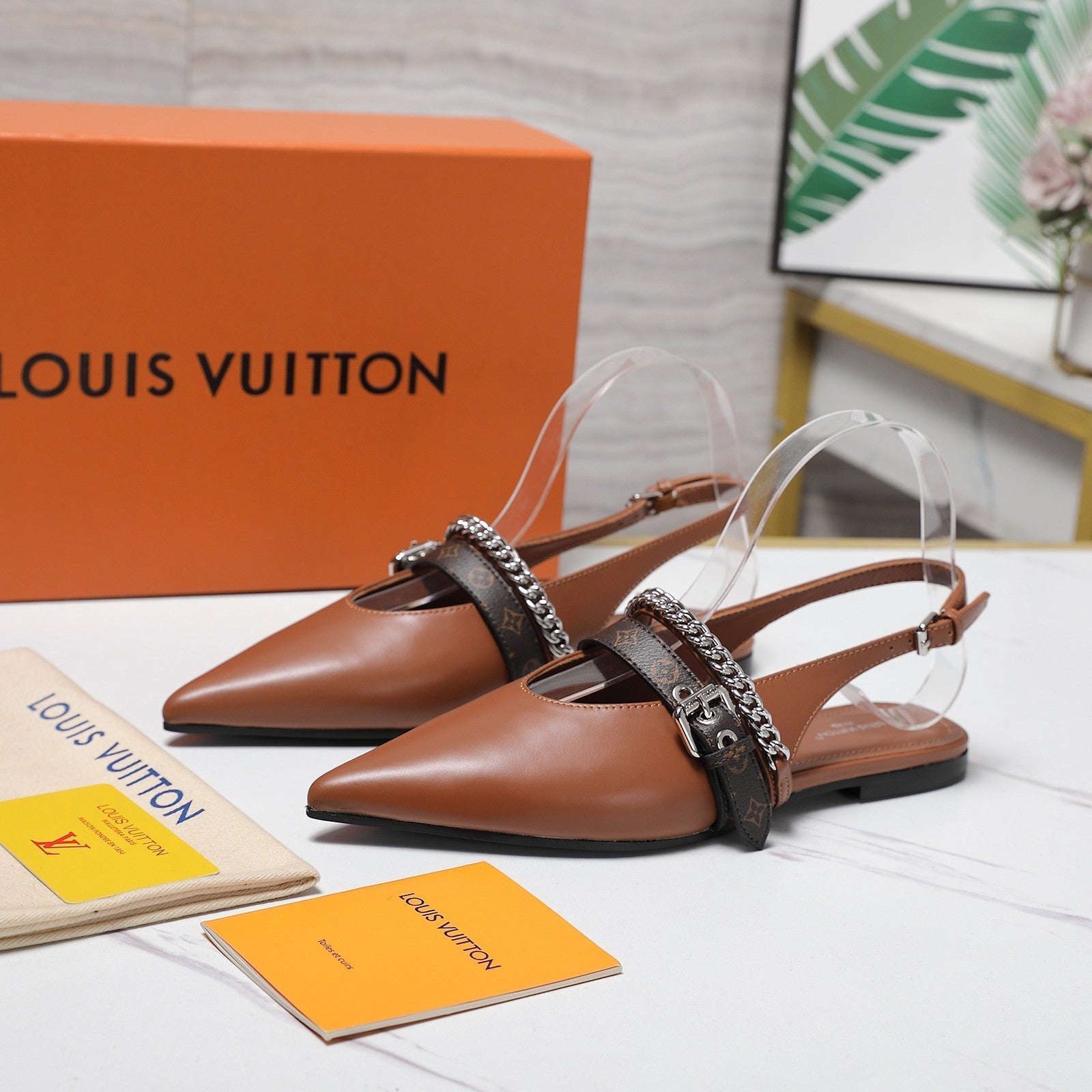 LV Vibe Slingback Flat Brown Glossy Naplak Leather 600665