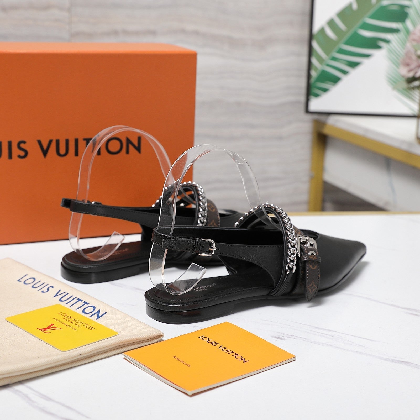 LV Vibe Slingback Flat Black Glossy Naplak Leather 600667
