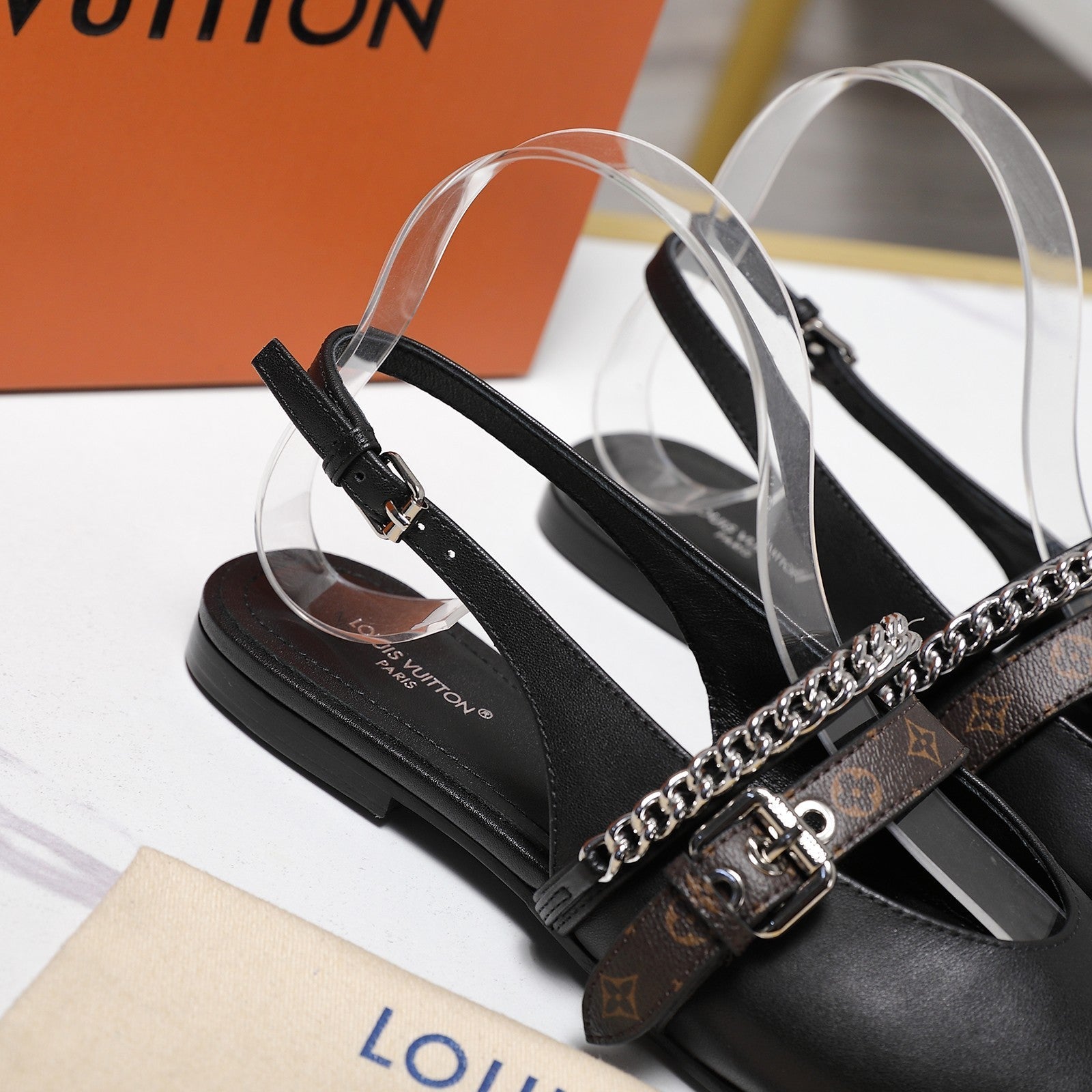 LV Vibe Slingback Flat Black Glossy Naplak Leather 600667