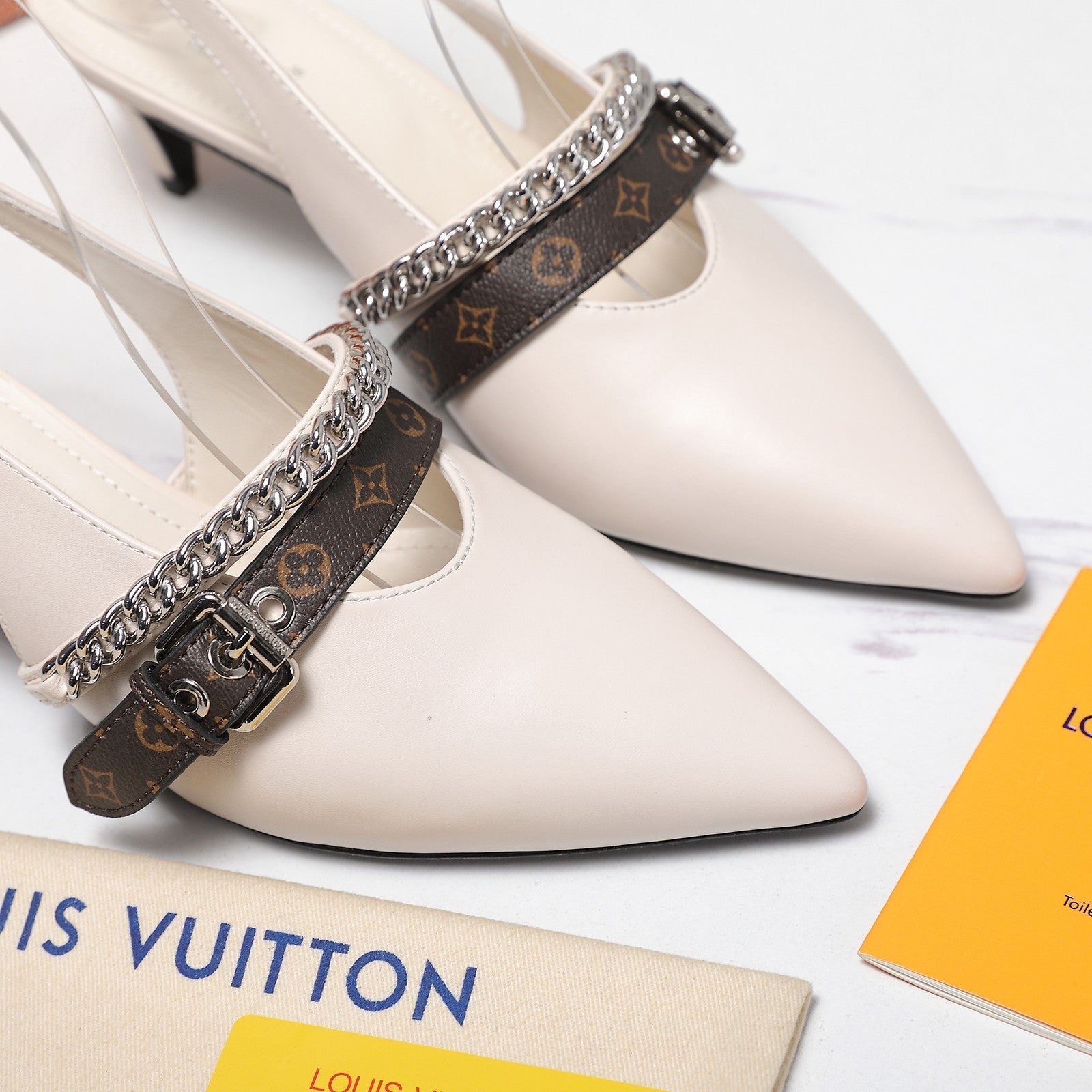 LV Vibe Slingback Pumps 55 White Glossy Naplak Leather 600668