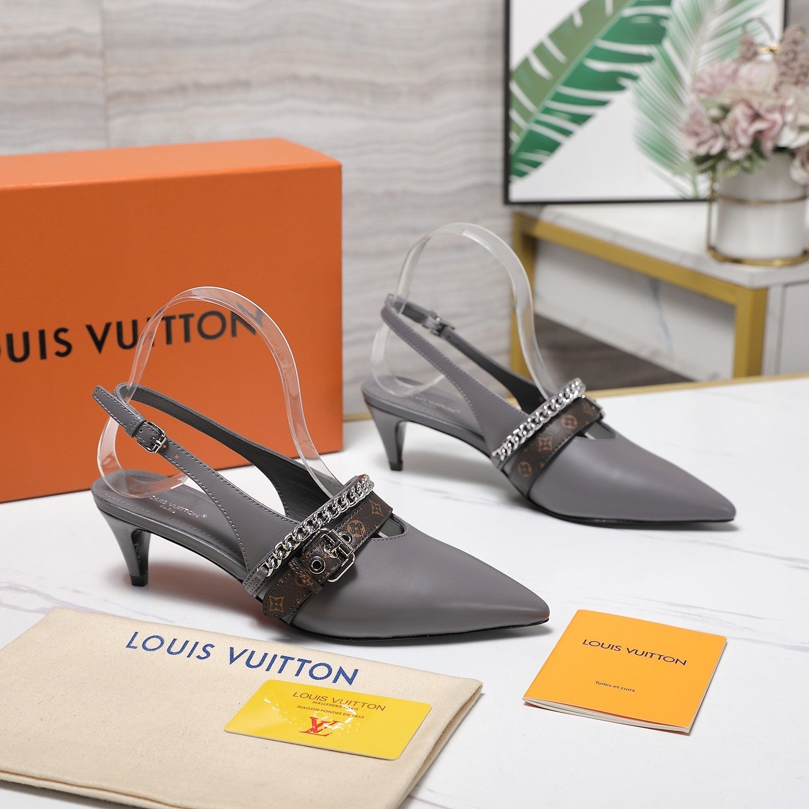 LV Vibe Slingback Pumps 55 Gray Glossy Naplak Leather 600669