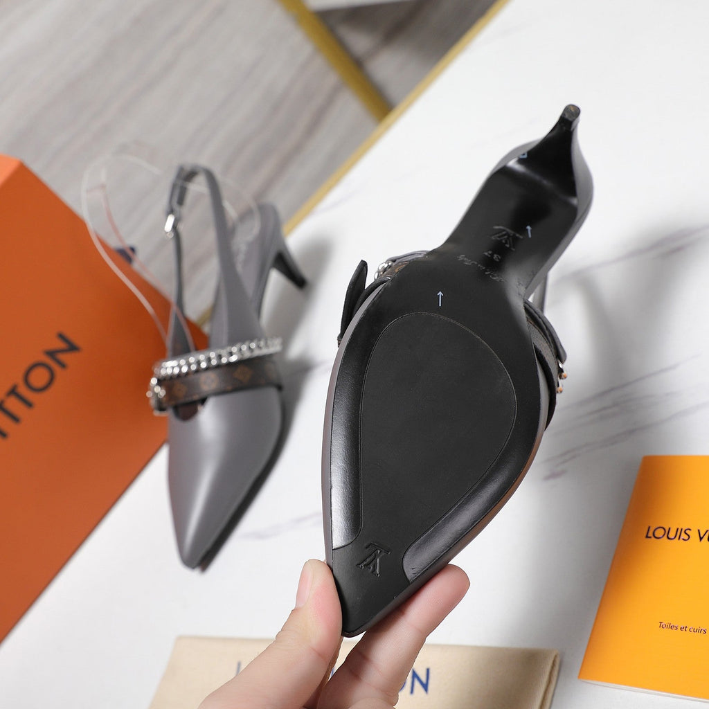 LV Vibe Slingback Pumps 55 Gray Glossy Naplak Leather 600669