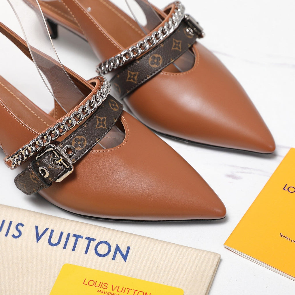 LV Vibe Slingback Pumps 55 Brown Glossy Naplak Leather 600670