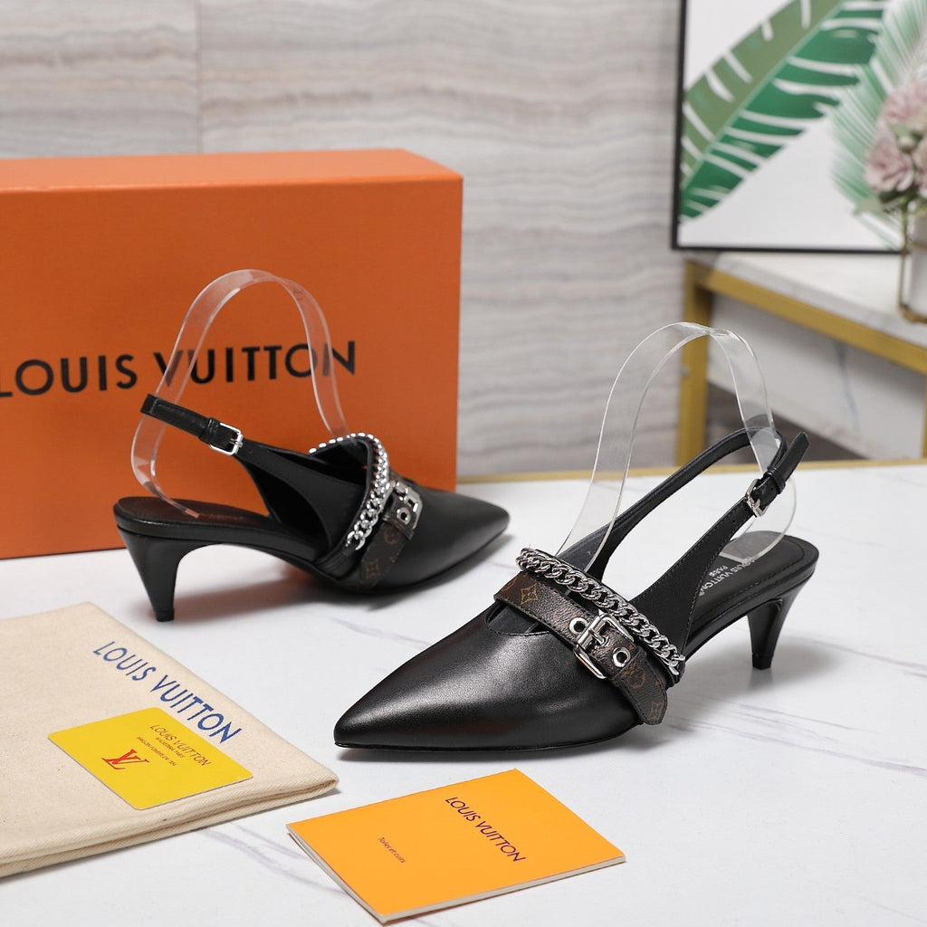 LV Vibe Slingback Pumps 55 Black Glossy Naplak Leather 600672