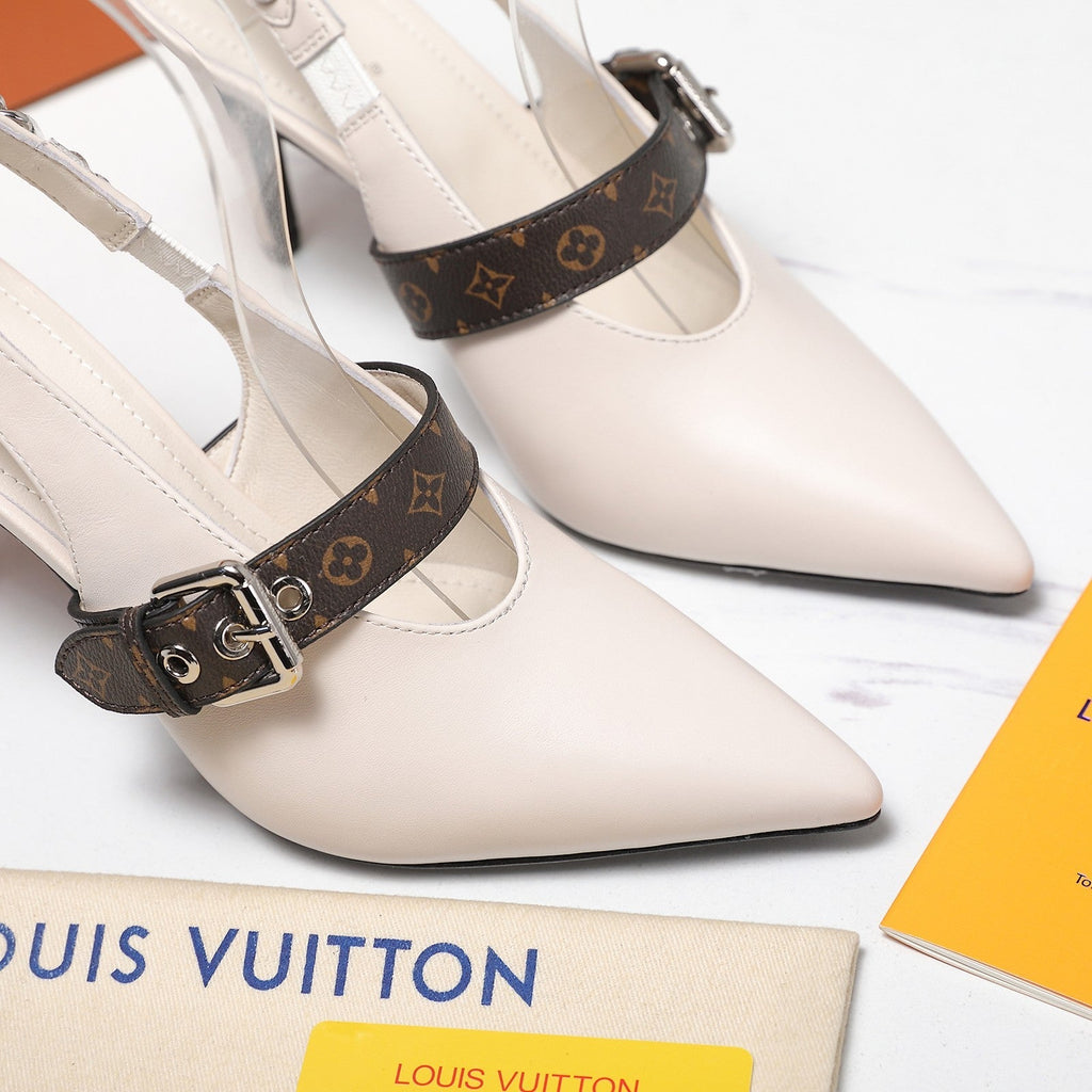 LV Vibe Slingback Pumps 95 White Glossy Naplak Leather 600673