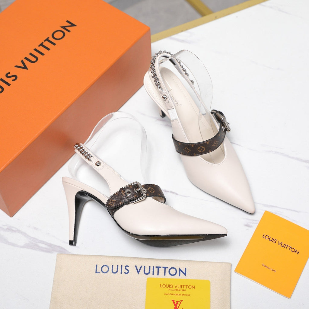 LV Vibe Slingback Pumps 95 White Glossy Naplak Leather 600673