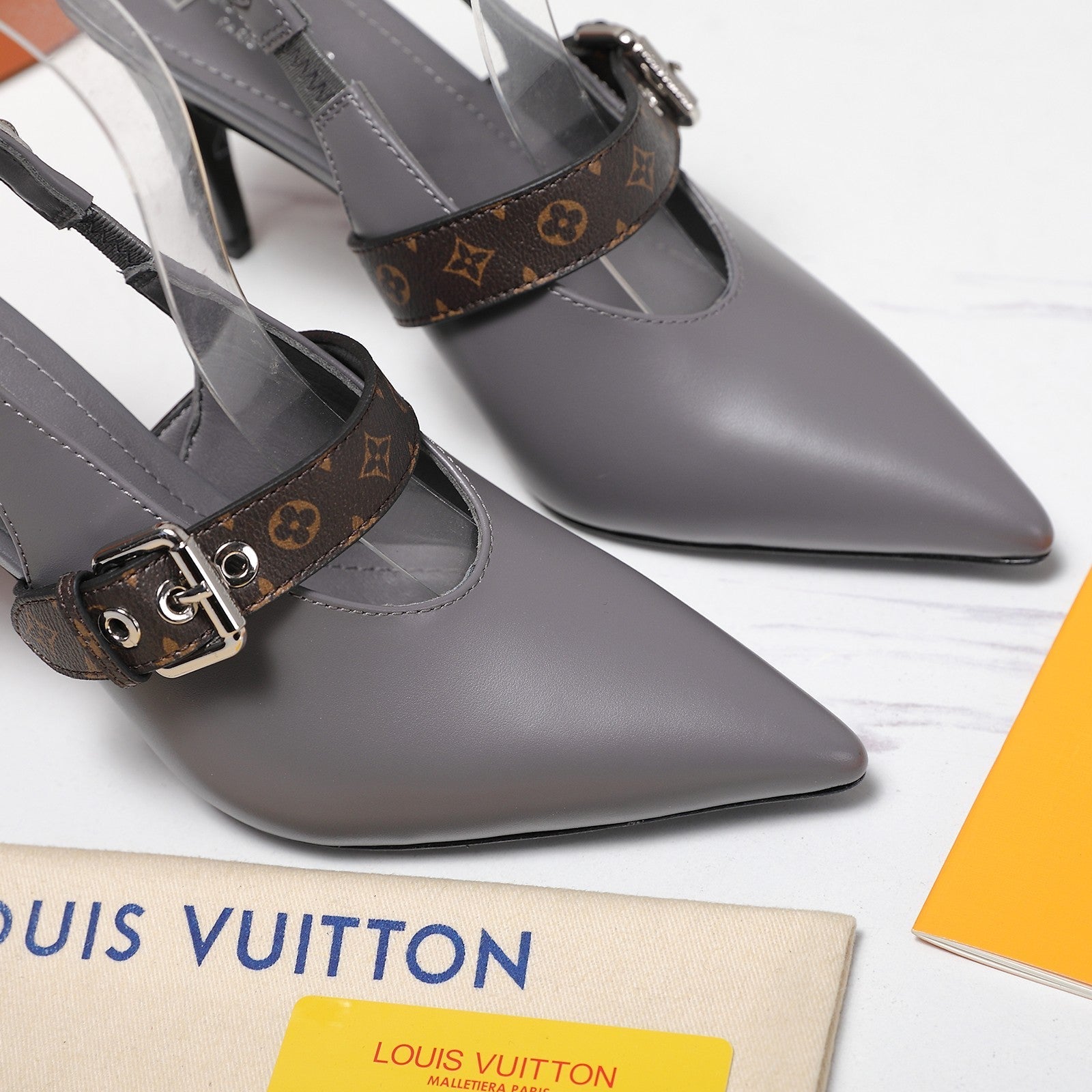 LV Vibe Slingback Pumps 95 Gray Glossy Naplak Leather 600674