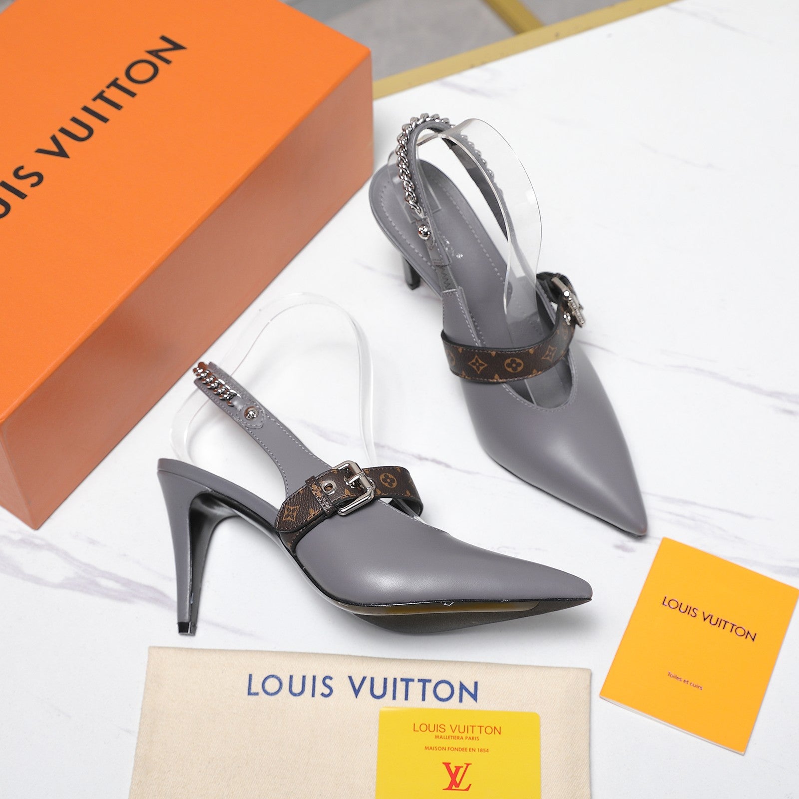 LV Vibe Slingback Pumps 95 Gray Glossy Naplak Leather 600674