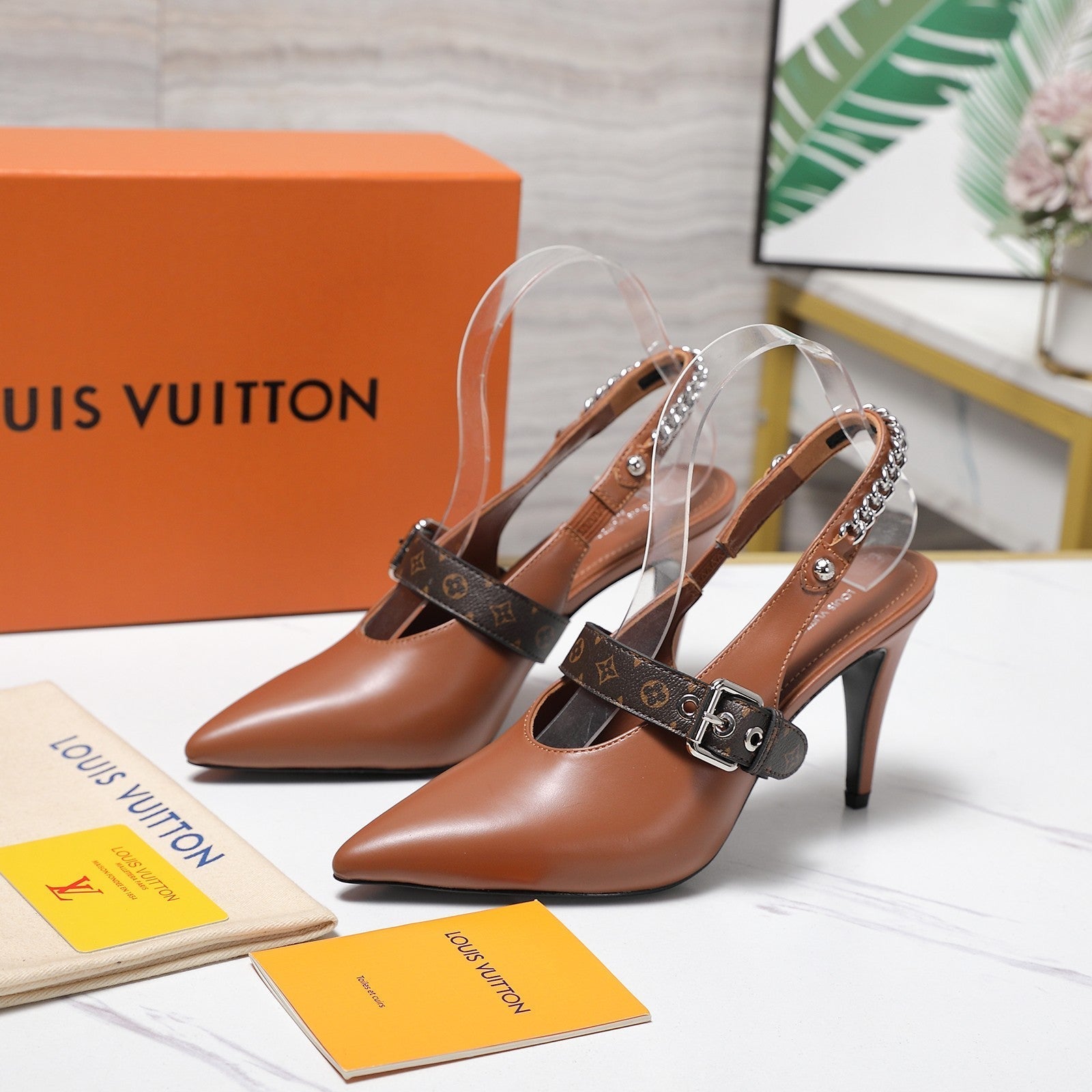 LV Vibe Slingback Pumps 95 Brown Glossy Naplak Leather 600675