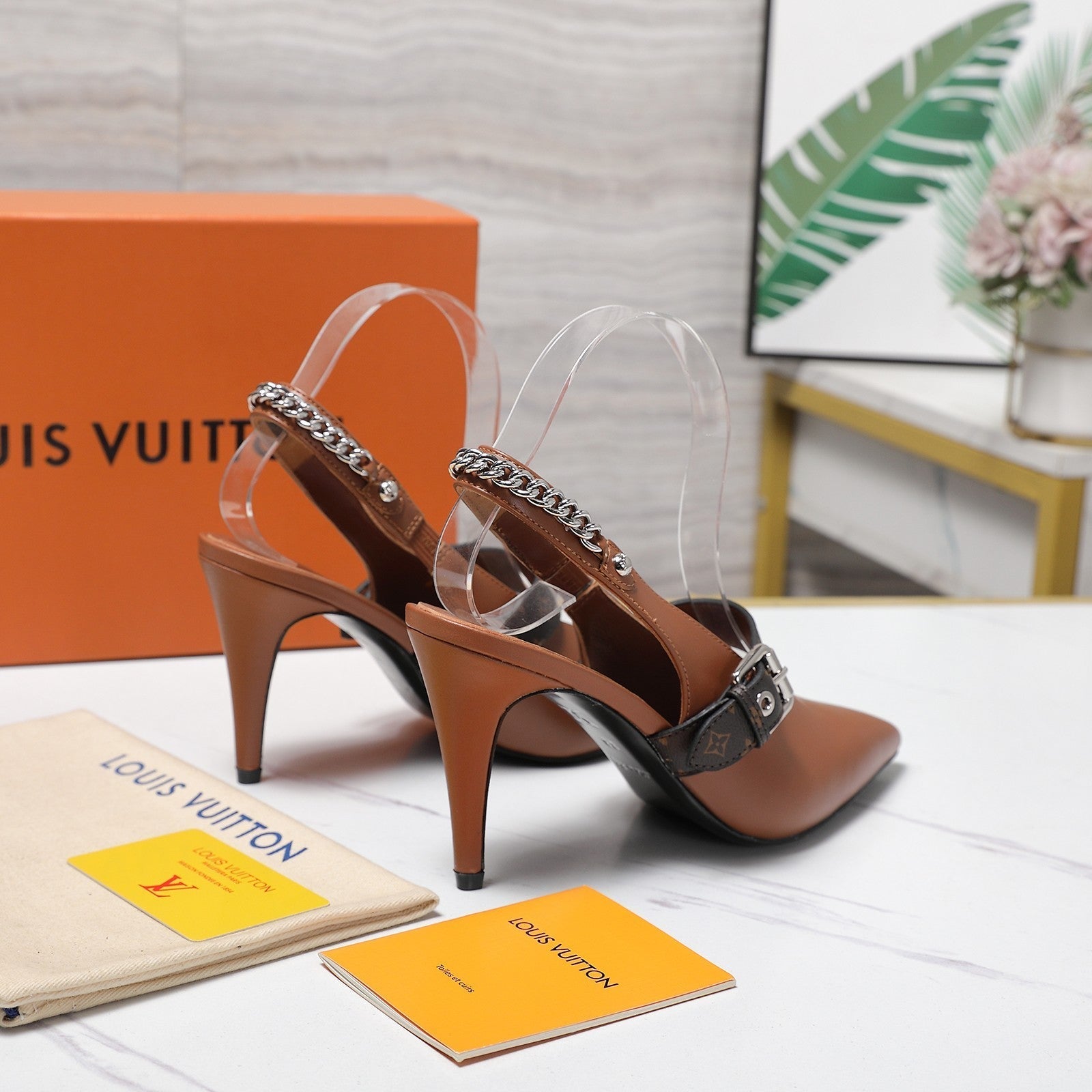 LV Vibe Slingback Pumps 95 Brown Glossy Naplak Leather 600675
