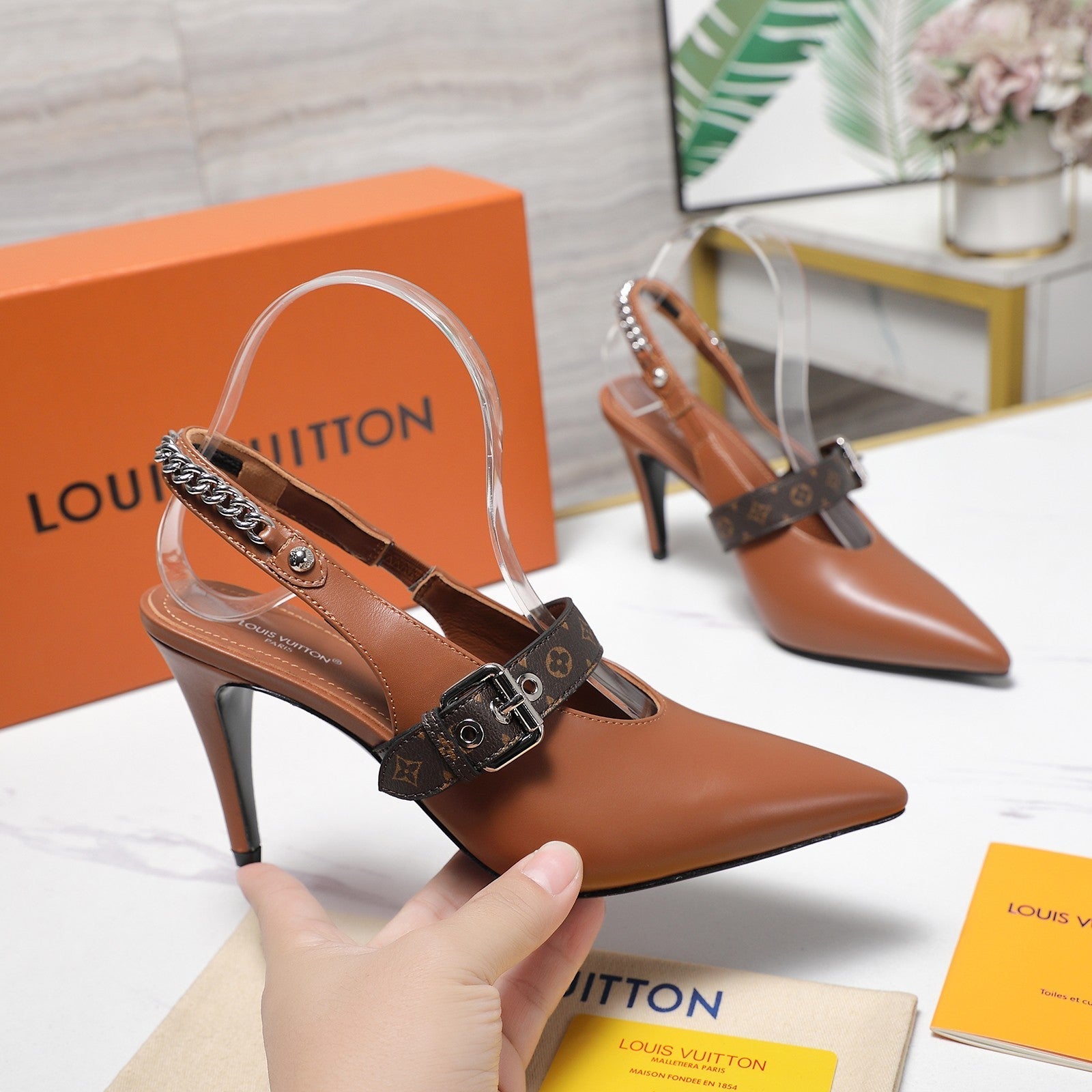 LV Vibe Slingback Pumps 95 Brown Glossy Naplak Leather 600675